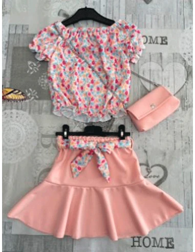 Conjunto manga corta falda con bolso de niña 