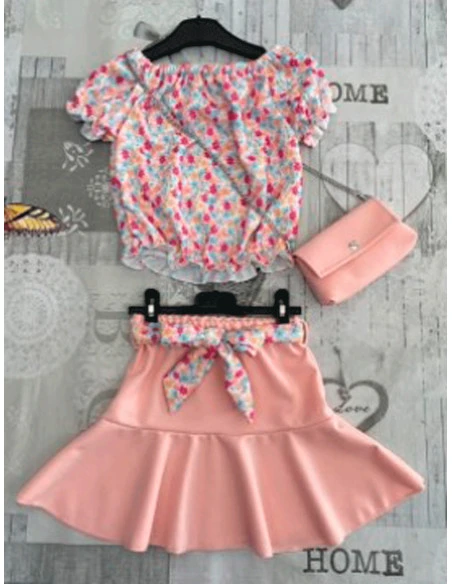 Conjunto manga corta falda con bolso de niña 