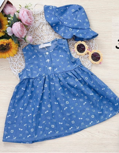 Vestido tirante denim y sombrero bebé niña 