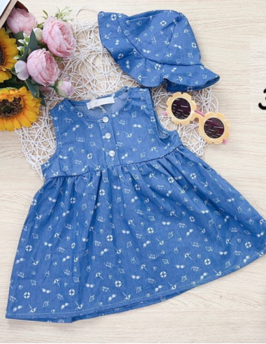 Vestido tirante denim y sombrero bebé niña 