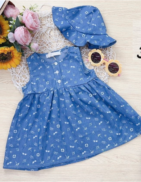 Vestido tirante denim y sombrero bebé niña 